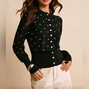 New Chic Knit Polka Dot Button Down Cardigan Sweater Top Black White